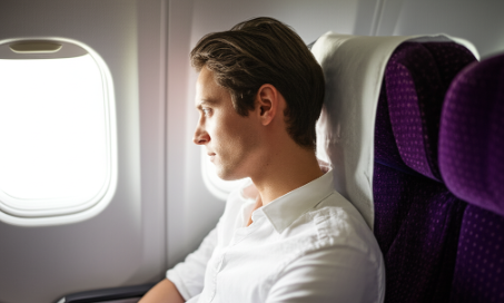 기내에서 편안하게 휴식을 취하며 장거리 비행을 준비하는 모습
