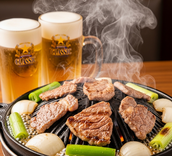 오늘 하루의 피로를 싹 날려주는 징기스칸과 시원한 삿포로 생맥주 한 잔!