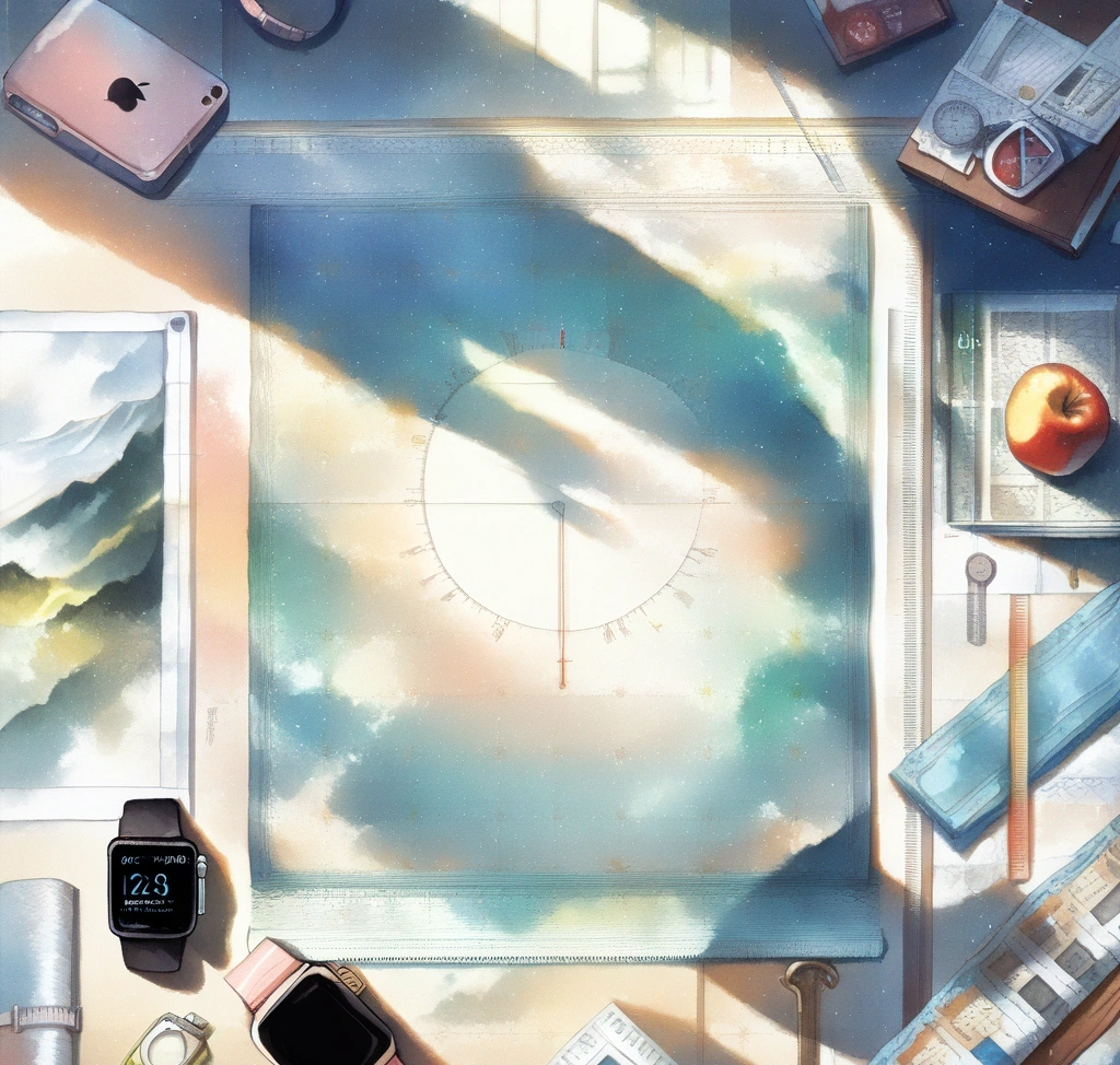 애플워치 스트랩 길이 사이즈 표기: 41mm vs 45mm 손목 두께 실측 대조 - A top-down view of a sophisticated workspace with an Apple Watch, a precision measuring tape, and a lifestyle magazine, symbolizing data-driven choice