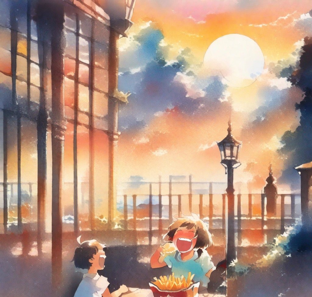 벨기에 6월 7월 8월 브뤼셀 날씨와 여행 코디법, 필수 준비물, 그랑플라스 야간 조명쇼 시간과 오줌싸개 동상 와플 맛집 - A group of friends laughing and sharing Belgian fries and beer at an outdoor terrace in Brussels during a golden sunset