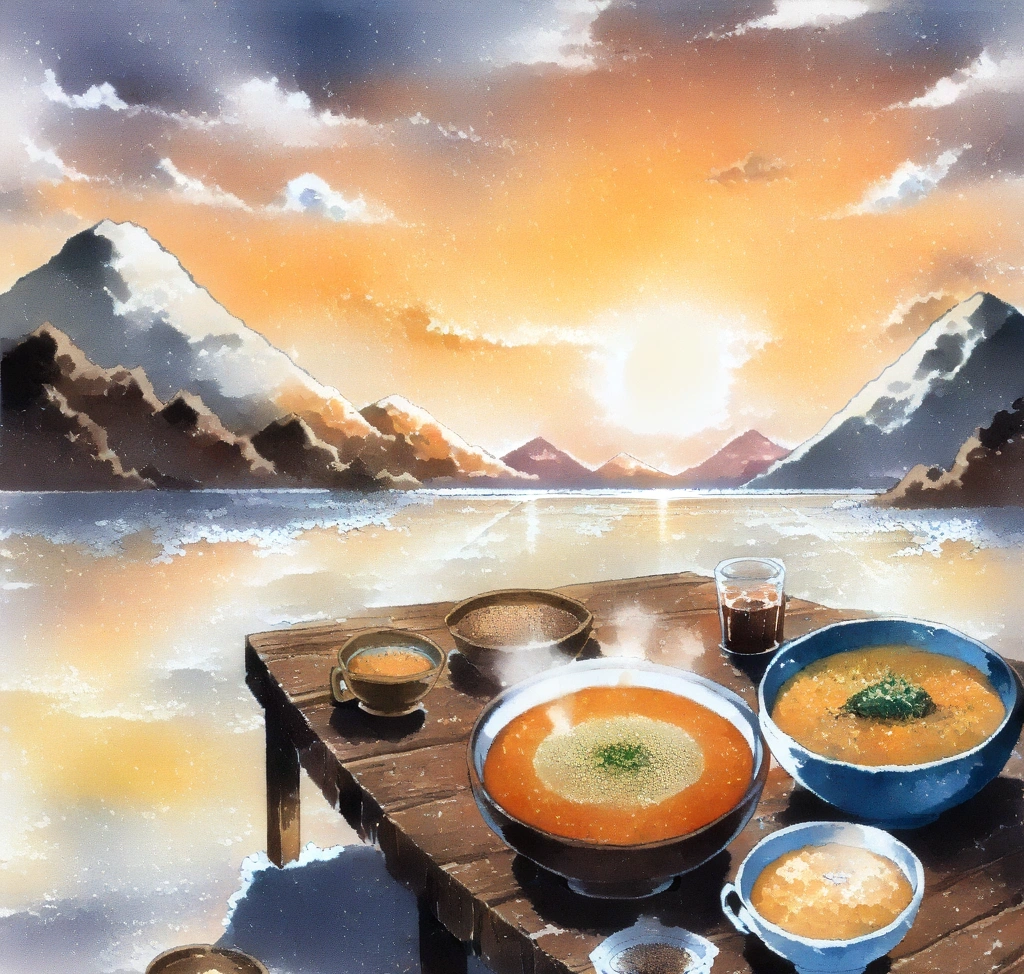 볼리비아 6월 7월 8월 우유니 날씨와 필수 옷차림, 여행 준비물, 소금 사막 별빛 투어 방한복 준비 및 공룡 사진 찍기 - A rustic wooden table set with a steaming bowl of quinoa soup, local Andean cheese, and a cup of hot coca tea against a background of the Uyuni salt flats at sunset