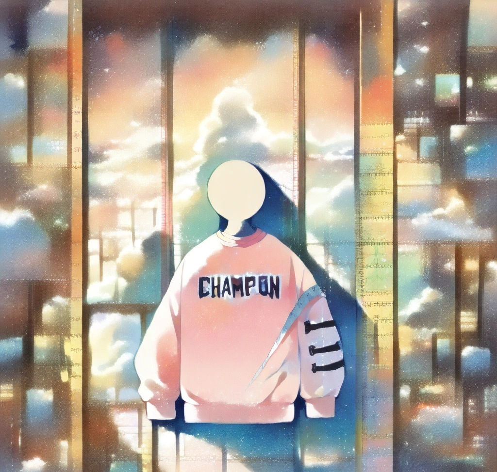 챔피온 리버스 위브 맨투맨 사이즈 팁: US 핏 기장 및 소매 길이 한국 사이즈 변환 - A flat lay of a Champion Reverse Weave sweatshirt with measuring tape showing the specific points for width and length measurements