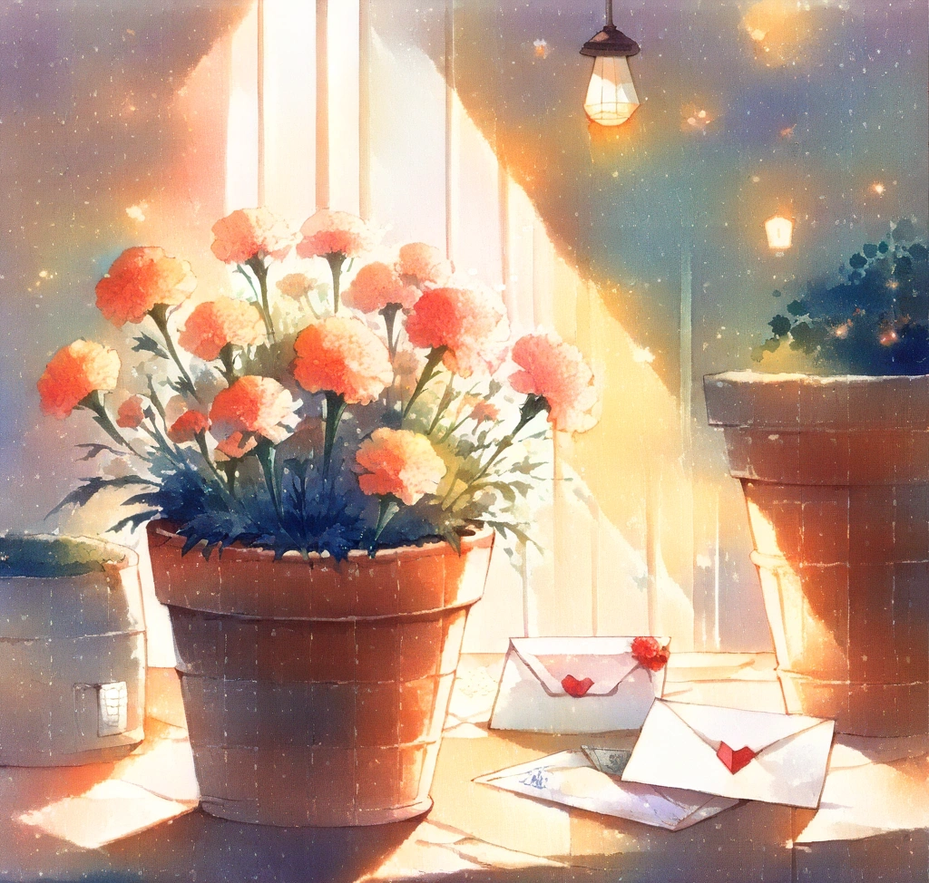 다이소 카네이션 조화 화분 재고 조회 및 어버이날 가성비 선물 세트 구성 팁 - 정성스럽게 포장된 다이소 카네이션 조화 화분과 손편지, 용돈 봉투가 따뜻한 조명 아래 놓여 있는 감성적인 마무리 컷