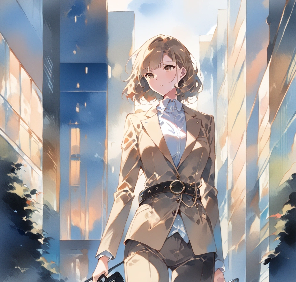 디올 30 몽테인 벨트 사이즈 가이드: 하이웨이스트 착용 시 사이즈 변환표 - A stylish woman in a tailored beige blazer walking through a high-end fashion district, wearing a Dior 30 Montaigne belt over the blazer to accentuate her waistline, with modern glass architecture in the background.