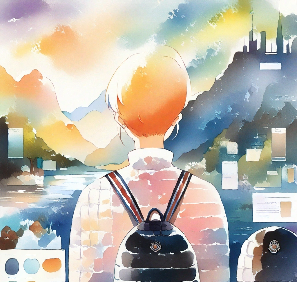 몽클레르 여성 경량 패딩 사이즈 팁: 00부터 5까지 한국 사이즈 대조표 - 몽클레르 경량 패딩을 착용하고 우아하게 여행을 즐기는 여성의 뒷모습과 함께 사이즈 선택의 중요성을 강조하는 인포그래픽 요소가 결합된 세련된 이미지