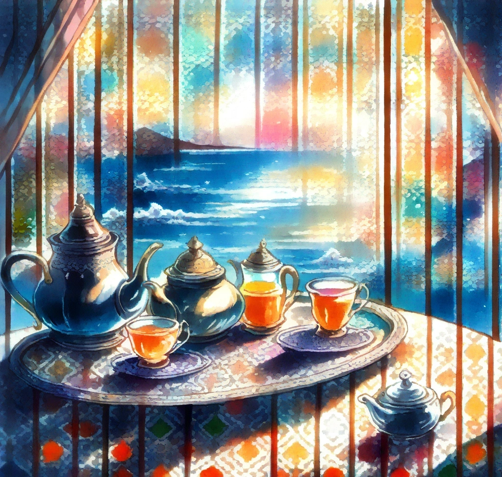 모로코 6월 7월 8월 카사블랑카 날씨와 여행 옷차림, 필수 준비물, 하산 2세 모스크 내부 투어 예약과 영화 속 릭스 카페 - Traditional Moroccan mint tea set with silver teapot and colorful glasses on a patterned tray with ocean view background