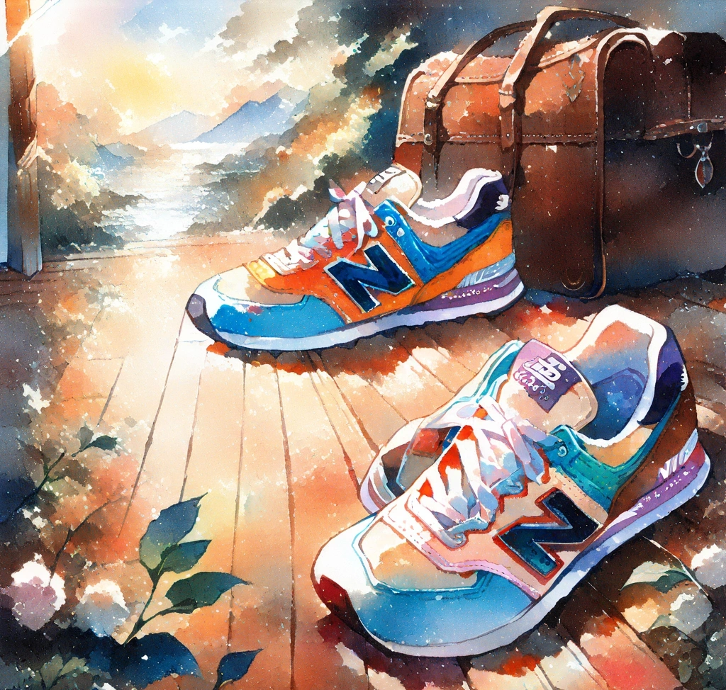 뉴발란스 574 코어 사이즈 팁: 빈티지 라인과 일반 라인 발볼 차이 리뷰 - A top-down artistic view of New Balance 574 sneakers neatly placed on a wooden floor next to a leather travel bag, highlighting the harmony of classic design and lifestyle wellness, warm lighting