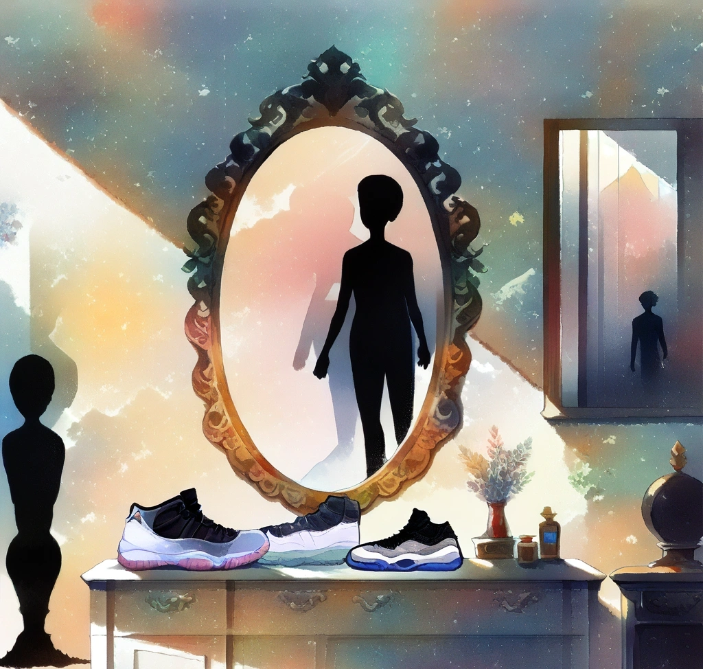 나이키 에어조던 11 사이즈 가이드: 미드컷 농구화 핏과 일상화 착용 비교 - 세련된 모던 인테리어를 배경으로 거울 앞에 놓인 나이키 에어조던 11 콩코드 모델의 실루엣과 고급스러운 광택이 돋보이는 연출 사진