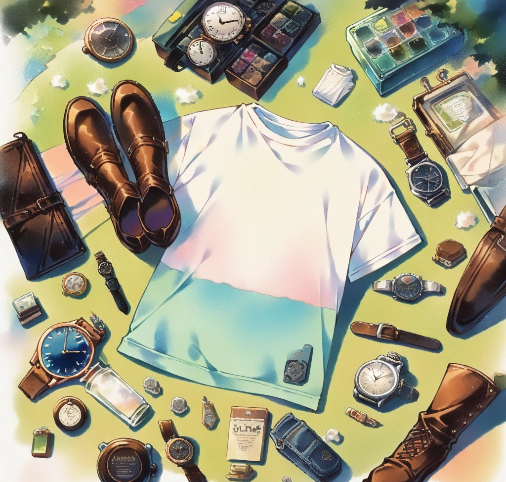 오르슬로우 105 데님 팬츠 사이즈 가이드: JP 1 - A stylized top-down view of a curated lifestyle kit including an orSlow 105 denim in JP 1, a pair of leather boots, a vintage mechanical watch, and a high-quality cotton t-shirt, symbolizing the complete premium lifestyle curation.