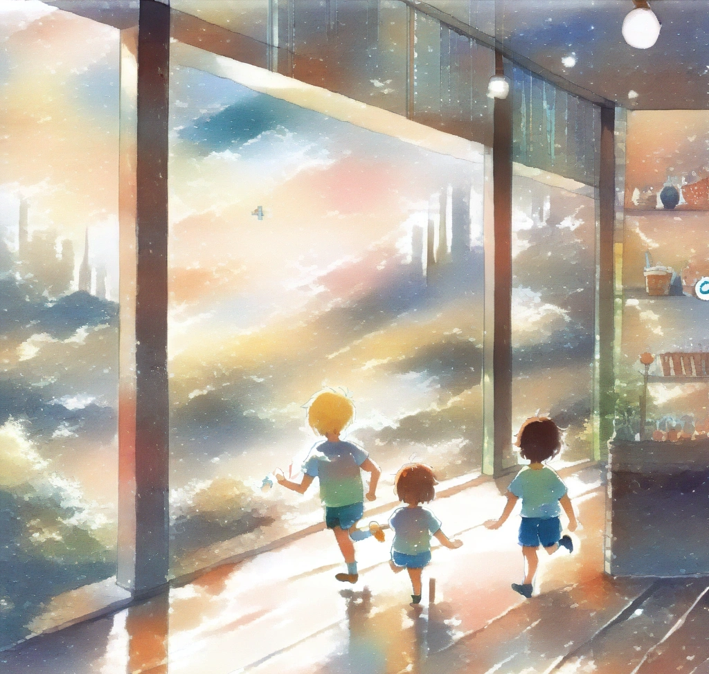 해외 직구 타오(The Animals Observatory) 반팔 티셔츠 사이즈: 8Y 한국 치수 변환 - 타오 8Y 티셔츠를 입은 아이가 세련된 키즈 카페 공간에서 즐겁게 뛰어노는 모습과 함께 성공적인 직구를 축하하는 체크표시 아이콘이 배치된 이미지
