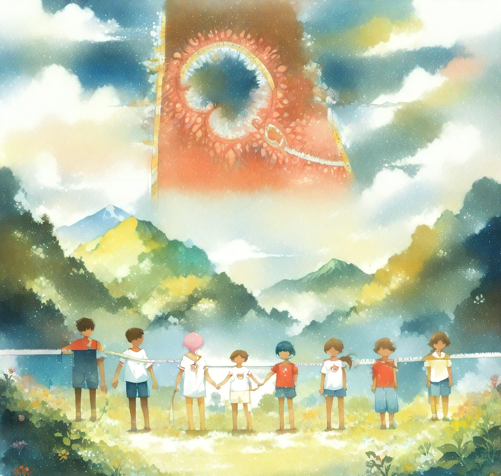 해외 직구 타오(The Animals Observatory) 반팔 티셔츠 사이즈: 8Y 한국 치수 변환 - 타오 8Y 티셔츠의 어깨선과 가슴 단면을 정밀 측정하는 줄자와 다양한 체형의 아이들이 활동하는 역동적인 모습이 겹쳐진 인포그래픽