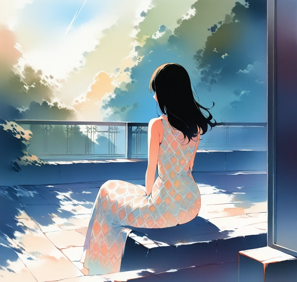 가니(GANNI) 특유의 세련된 패턴 원피스를 입고 햇살이 내리쬐는 유럽의 야외 테라스에 앉아 여유로운 오후를 즐기는 여성의 뒷모습, 옷의 실루엣이 자연스럽게 흐르는 고감도 라이프스타일 컷 해외 직구 가니(GANNI) 원피스 사이즈 표기: 숫자 34, 36, 38 한국 변환 - 가니(GANNI) 특유의 세련된 패턴 원피스를 입고 햇살이 내리쬐는 유럽의 야외 테라스에 앉아 여유로운 오후를 즐기는 여성의 뒷모습, 옷의 실루엣이 자연스럽게 흐르는 고감도 라이프스타일 컷