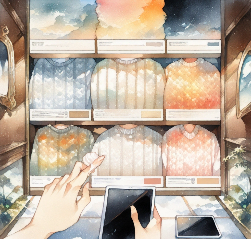 해외 직구 마쥬 가디건 사이즈 표기: 정사이즈 vs 여유로운 핏 비교 - A luxury closet interior with neatly organized Maje cardigans, a digital tablet displaying size comparisons, and a person