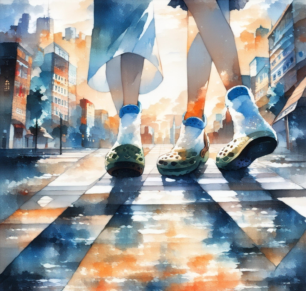 해외 직구 크록스 올터레인 클로그 사이즈 표기: M9/W11 실측 사이즈 대조표 - 크록스 올터레인 클로그를 착용하고 도심의 횡단보도를 안정적으로 건너는 발밑 클로즈업 샷과 튼튼한 아웃솔의 질감이 강조된 이미지 ❤️