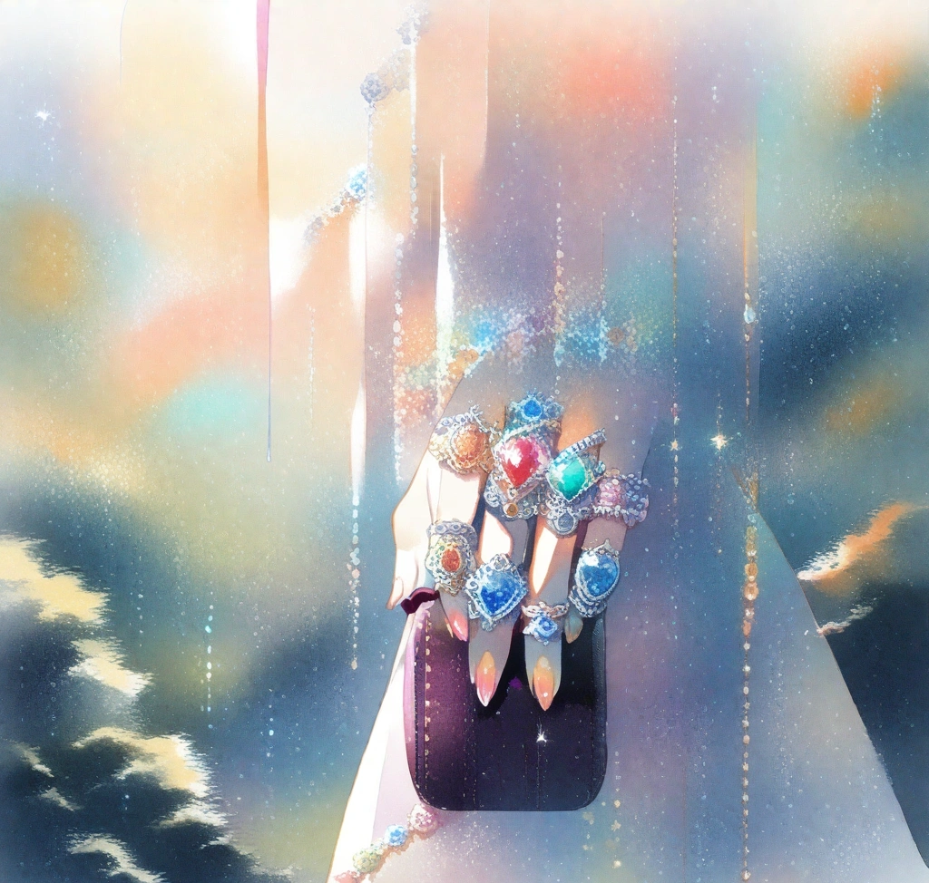 판도라 탄생석 반지 사이즈 팁: 레이어드 착용 시 호수 선택 가이드 - 정교하게 레이어드된 탄생석 반지들이 고급스러운 벨벳 파우치 위에 놓여 있는 모습, 완벽한 스타일링의 마무리를 상징함