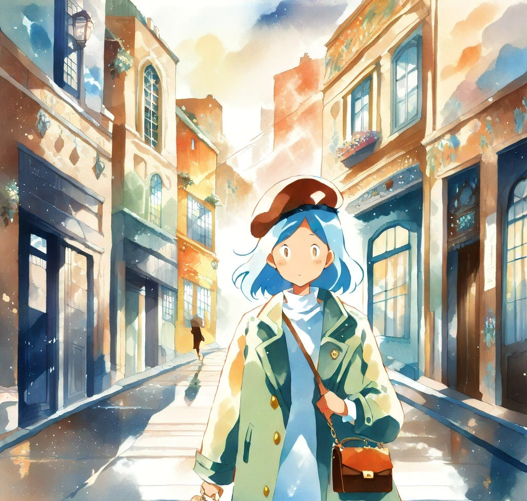 A stylish woman walking down a trendy street, wearing a GANNI beret tilted perfectly, paired with a high-end wool coat and a luxury handbag, reflecting a premium wellness lifestyle 해외 직구 가니 베레모 사이즈 표기: S/M 및 M/L 실제 착용감 비교 - A stylish woman walking down a trendy street, wearing a GANNI beret tilted perfectly, paired with a high-end wool coat and a luxury handbag, reflecting a premium wellness lifestyle