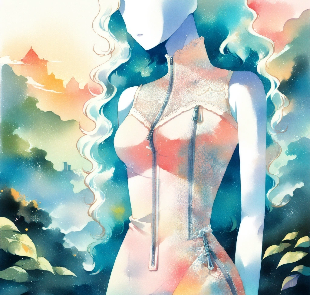 산드로 레이스 원피스 사이즈 표기: FR 36과 38 가슴 단면 실측 핏 차이 - 산드로 레이스 원피스의 측면 지퍼 라인과 흉곽 압박 정도를 보여주는 마네킹 착용 상세 컷