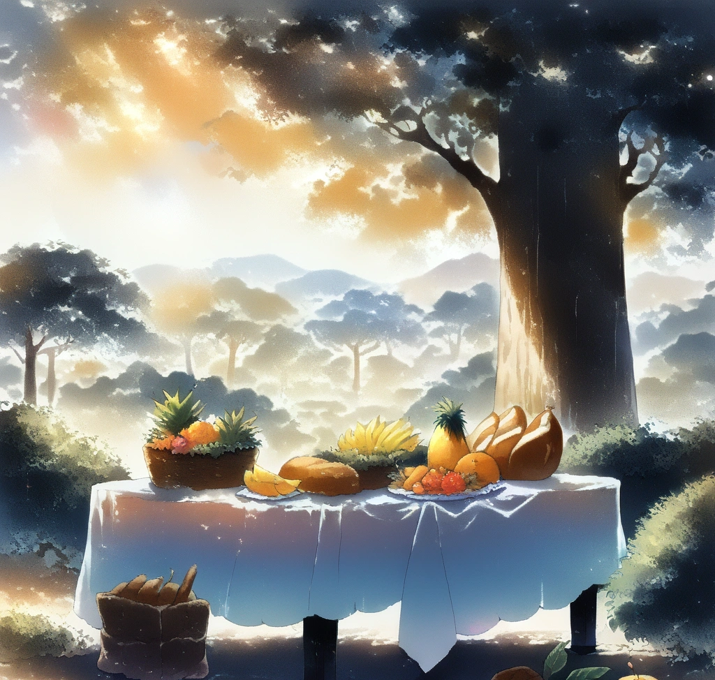 탄자니아 6월 7월 8월 세렝게티 날씨와 필수 의류 선택, 여행 준비물, 킬리만자로 트레킹 방한복 준비와 사파리 드라이브 - 세렝게티의 거대한 아카시아 나무 아래 설치된 하얀 천이 깔린 테이블과 신선한 열대 과일, 수제 빵이 차려진 프라이빗 부시 런치 전경