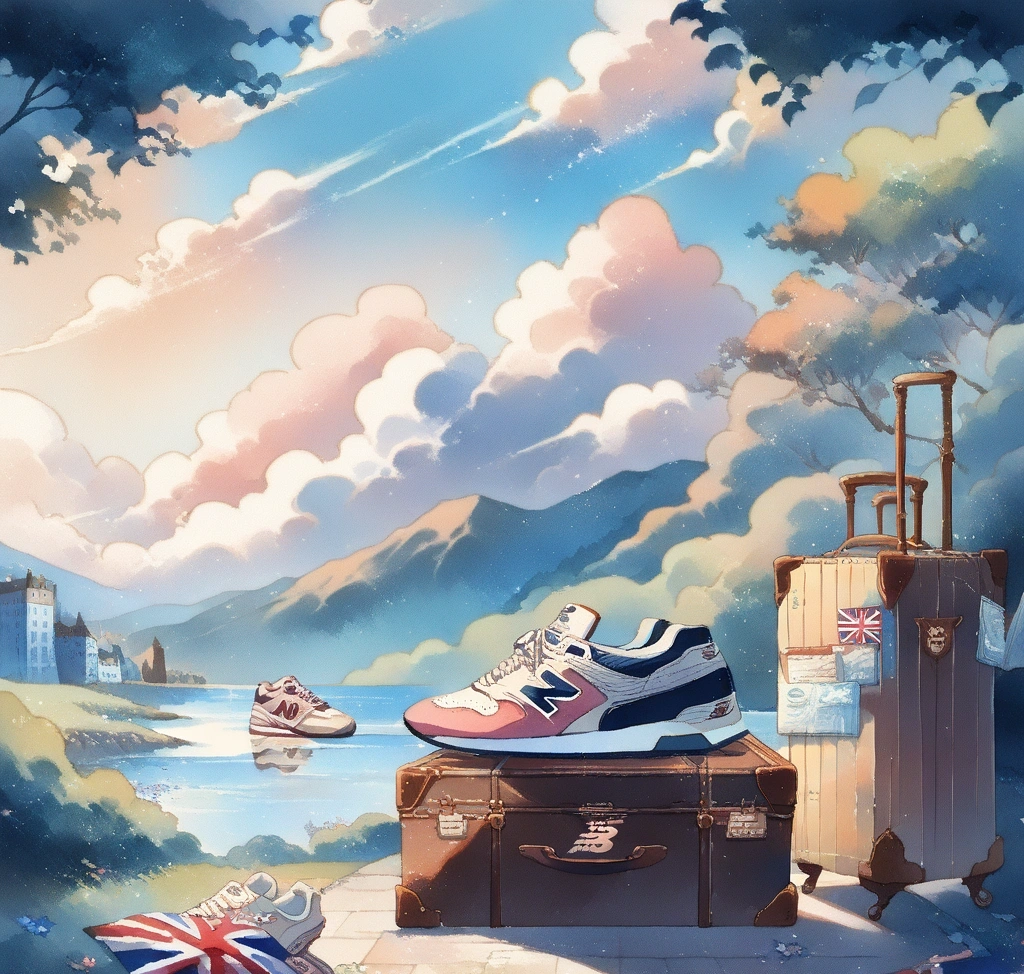 영국 직구 뉴발란스 991 사이즈 표기: UK 치수 한국 사이즈로 얼마일까? - 뉴발란스 991 운동화가 세련된 여행 가방 위에 놓여 있고, 그 옆에 영국 국기와 항공권이 배치되어 