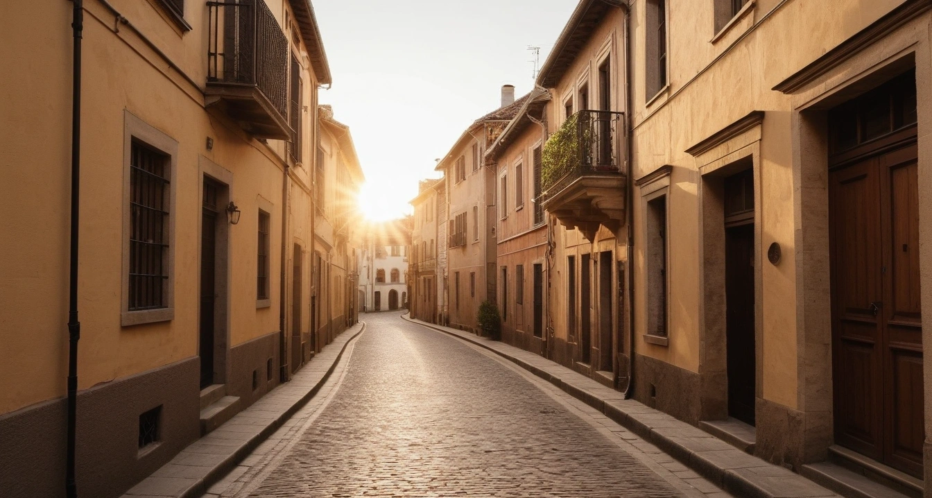 키즈 숙소 - 키즈 전용 어메니티와 객실 설비 (a picturesque Kids accommodation traditional street alley with charming vintage buildings, warm sunlight, no people)