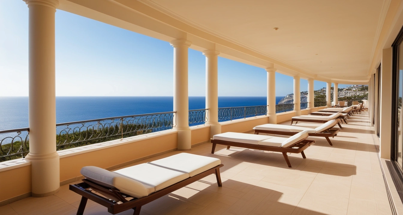 예스키즈존 - 전용 이동 수단 및 주차장 확보를 위한 동선 최적화 (a pristine luxury hotel balcony overlooking a stunning Yes Kids Zone panorama, peaceful atmosphere, no people)