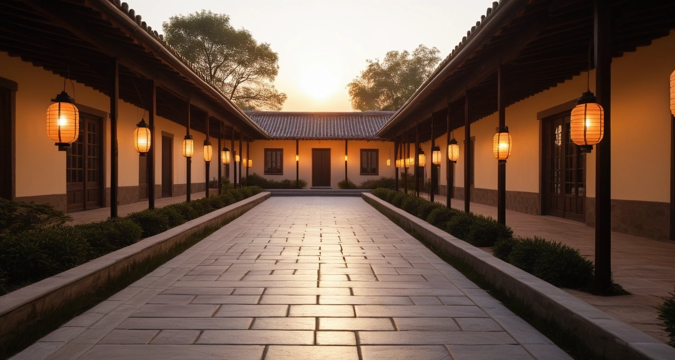 키즈 숙소 - 키즈 숙소 플랫폼의 예약 성공률 분석 (a serene traditional Kids accommodation architecture courtyard at dawn, glowing lanterns, beautiful peaceful atmosphere, no people)