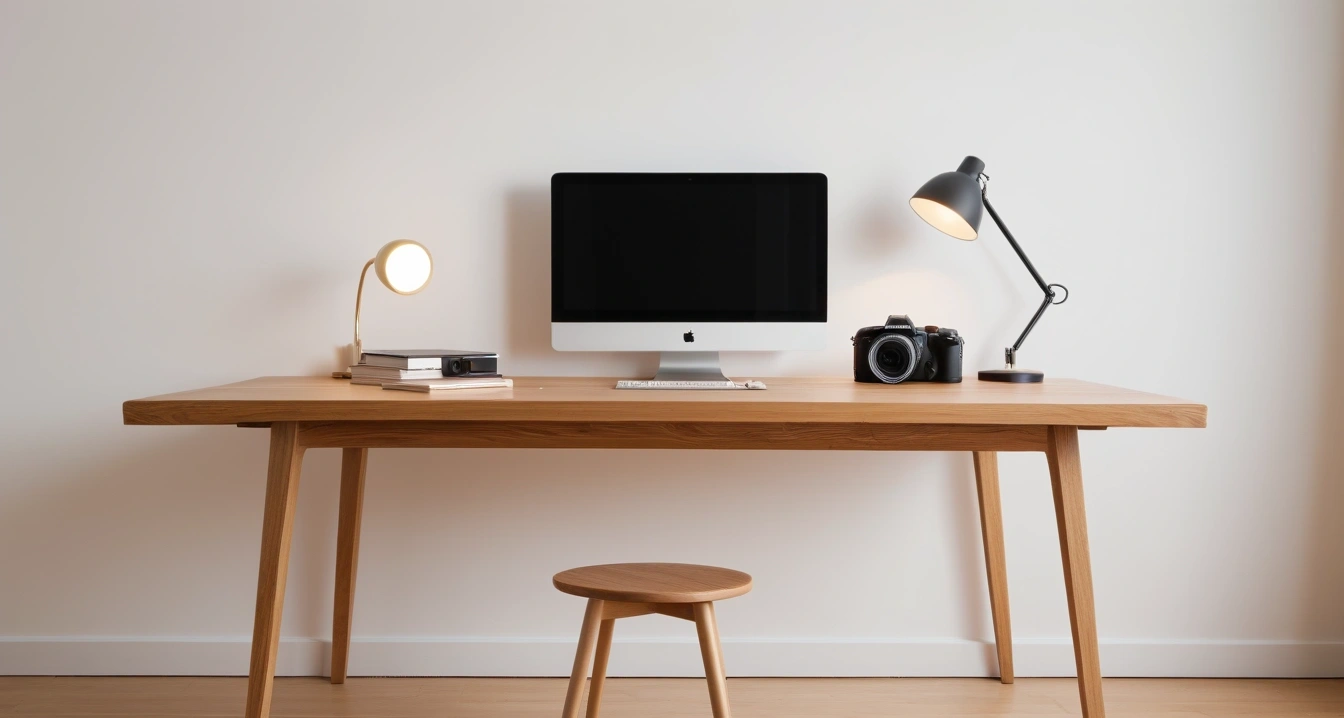 육아템 - 성장 발달 단계별 필수 육아 아이템 로드맵 (a sleek modern Parenting items on a clean wooden desk, minimalist aesthetic, soft lighting, no people)