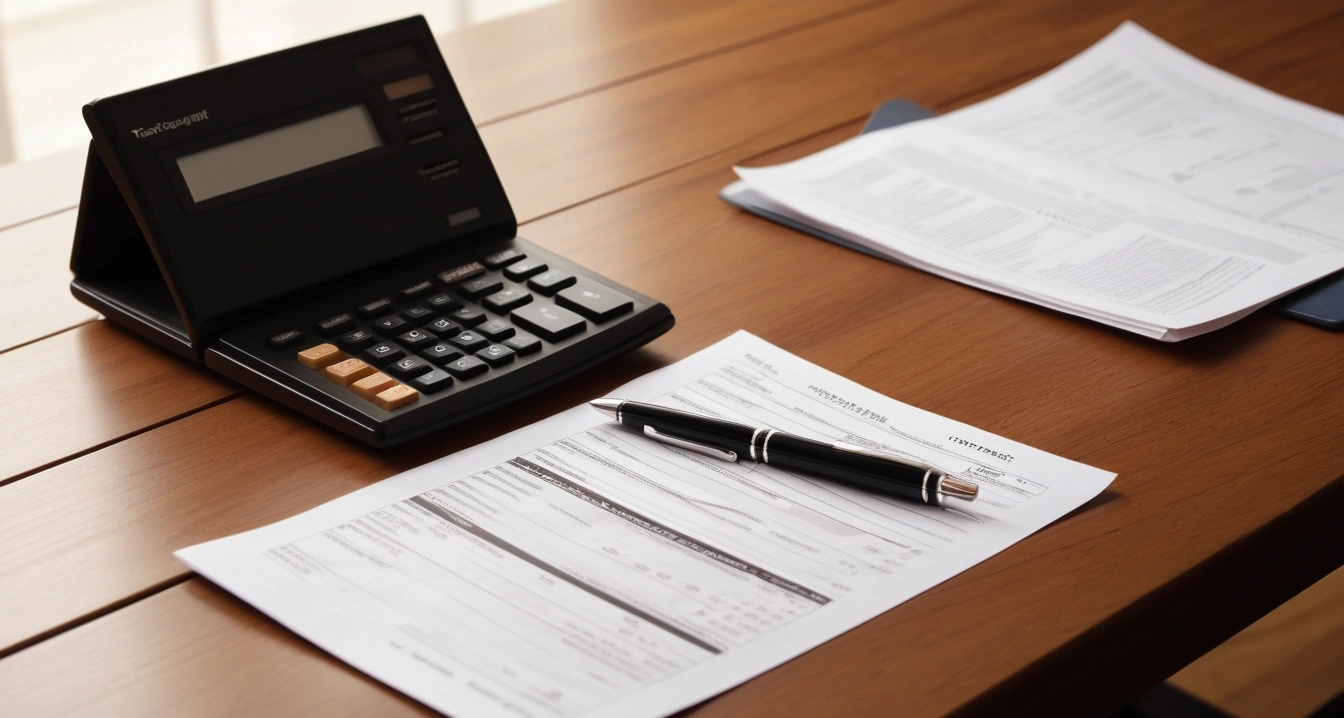 연말정산 - 신용카드 공제 한도와 소득 구간별 최적화 전략 (concept of A pile of receipts, a calculator, and a fountain pen, a shiny house key resting on a detailed contract, elegant wooden table, no people)