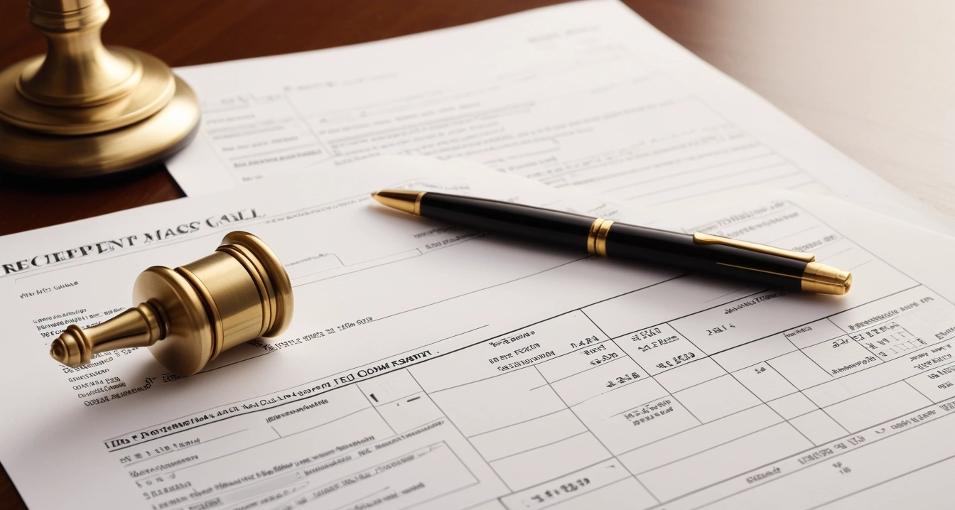 연말정산 - 연금저축계좌 및 IRP 세액공제 활용 (concept of A pile of receipts, a calculator, and a fountain pen, close-up of a classic brass legal gavel resting on official documents, professional lighting, no people)