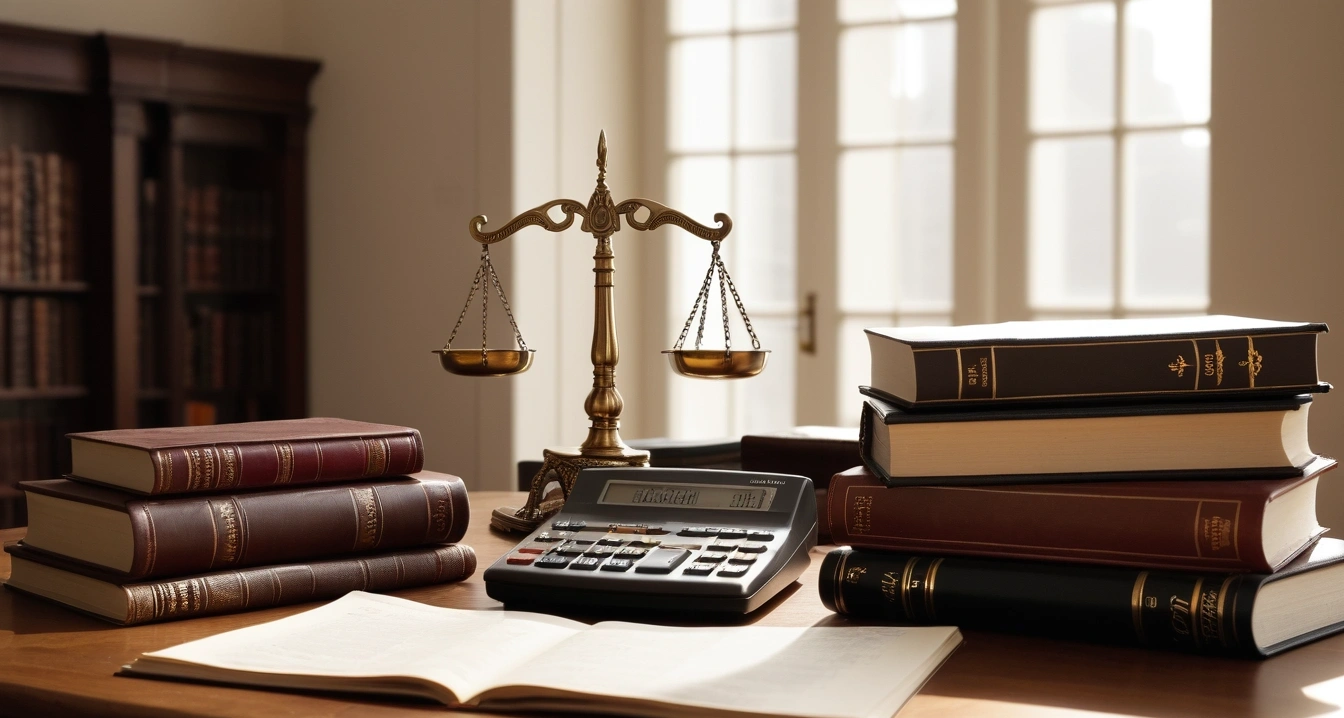 연말정산 - 자동차 유지비와 대중교통 이용의 세액 공제 연계 (concept of A pile of receipts, a calculator, and a fountain pen, a classic brass balance scale of justice next to leather-bound books, no people)