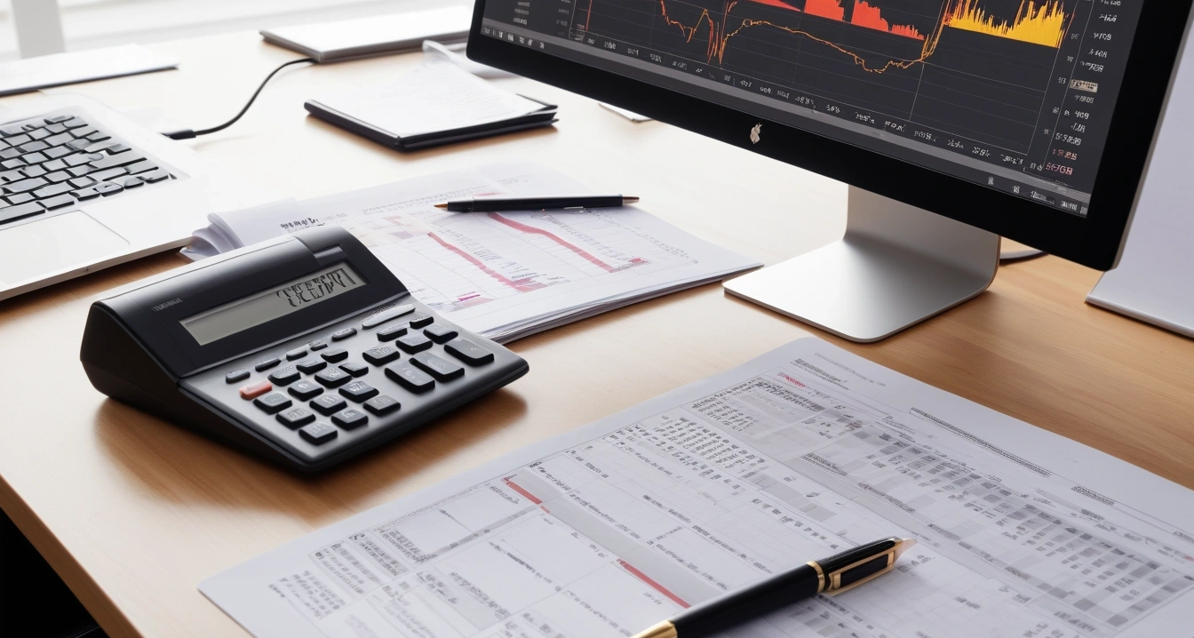 연말정산 - 전통시장 및 도서 공연비의 추가 공제 한도 활용법 (concept of A pile of receipts, a calculator, and a fountain pen, a sleek modern office desk, a glowing laptop screen displaying financial charts, no people)