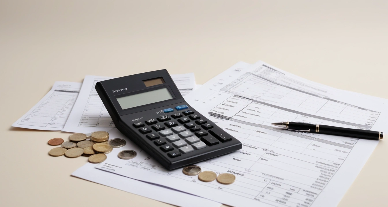연말정산 - 고향사랑기부제 및 추가 세액공제 혜택 (concept of A pile of receipts, a calculator, and a fountain pen, a neat arrangement of official forms, a modern calculator, and neat coins, finance aesthetic, no people)