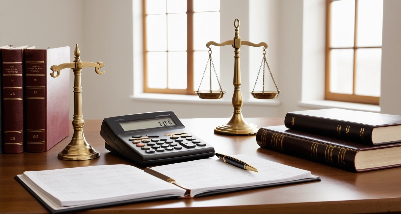 연말정산 - 연금계좌 납입과 신용카드 소비의 세무 포트폴리오 구성 (concept of A pile of receipts, a calculator, and a fountain pen, a classic brass balance scale of justice next to leather-bound books, no people)