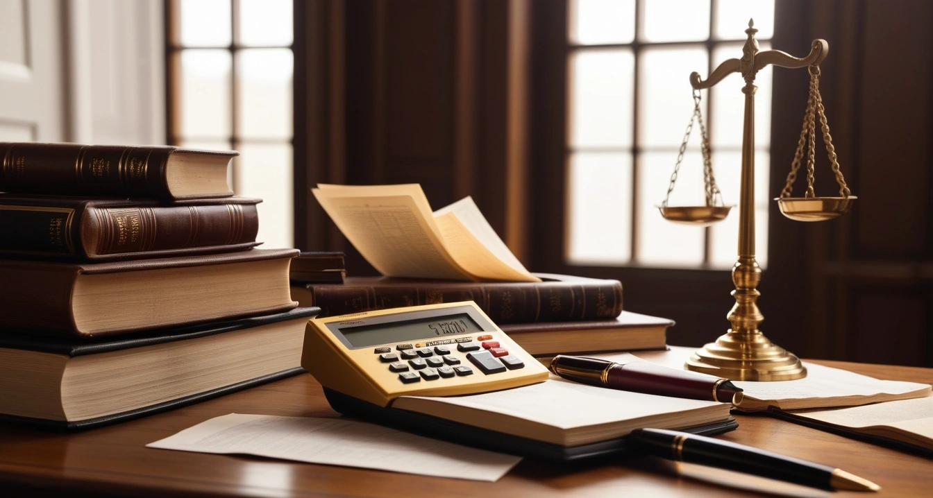 연말정산 - 연금저축계좌와 월세 세액공제의 결합 시너지 (concept of A pile of receipts, a calculator, and a fountain pen, a classic brass balance scale of justice next to leather-bound books, no people)