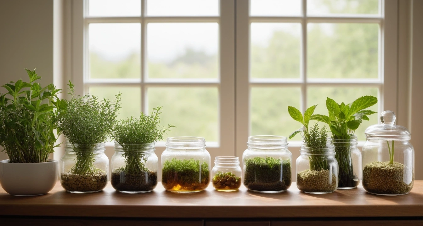아기 성장 발달 - 소근육 정교화를 돕는 딸랑이와 장난감 활용 가이드 (concept of baby growth development, a pristine bright herbal medicine preparation table, fresh green healing herbs, no people)