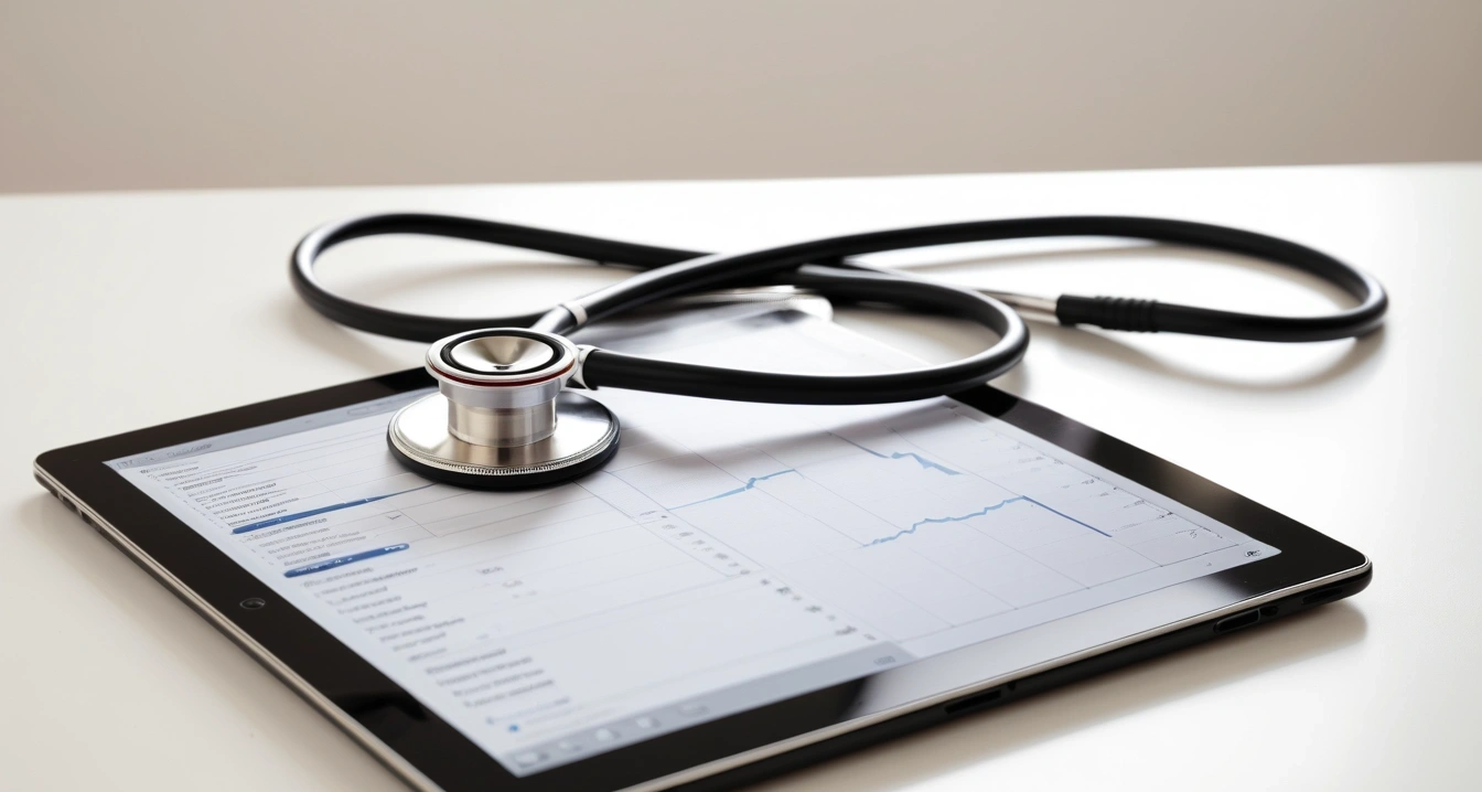 아기 성장 발달 - 성장도표 계산기를 활용한 발달 상태 점검 (concept of baby growth development, a professional medical stethoscope resting on a digital tablet displaying health data, no people)