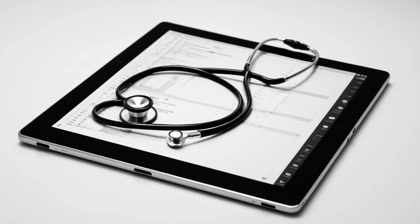 아기 성장 발달 - 추적관찰 중심의 정기 검진 필수 항목 (concept of baby growth development, a professional medical stethoscope resting on a digital tablet displaying health data, no people)