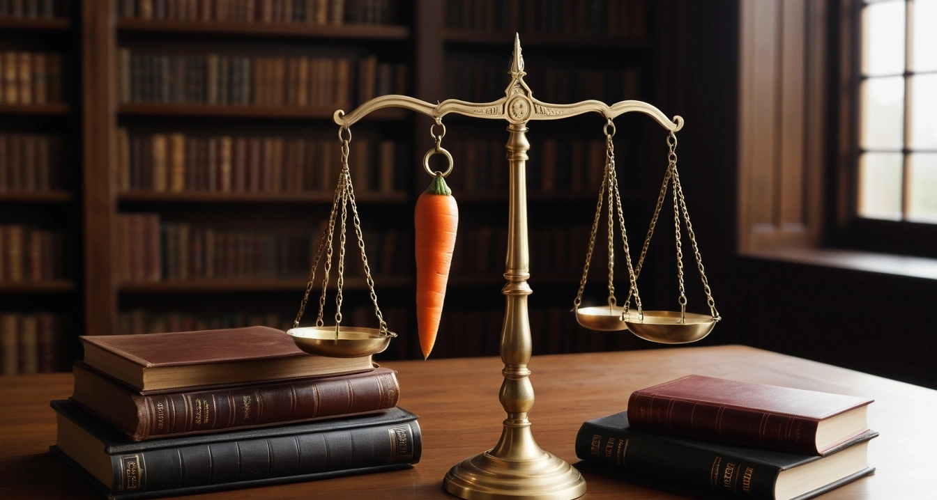 당근마켓 - 육아용품 상태 판별을 위한 상세 체크리스트 (concept of Carrot Market, a classic brass balance scale of justice next to leather-bound books, no people)