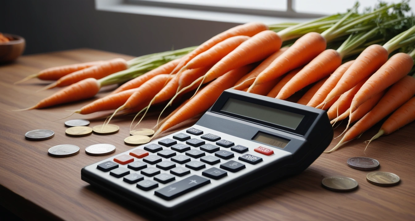 당근마켓 - 중고 유아용 카시트 및 유모차 안전성 확인법 (concept of Carrot Market, a neat arrangement of official forms, a modern calculator, and neat coins, finance aesthetic, no people)