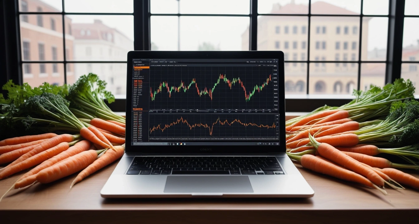 당근마켓 - 지역 기반 거래를 활용한 육아용품 살림 비용 절감 전략 (concept of Carrot Market, a sleek modern office desk, a glowing laptop screen displaying financial charts, no people)