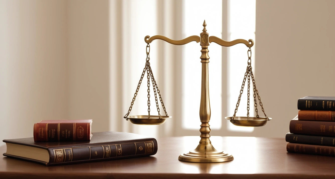 육아용품 - 글로벌 육아용품 트렌드와 결합 서비스의 함정 (concept of child care products, a classic brass balance scale of justice next to leather-bound books, no people)