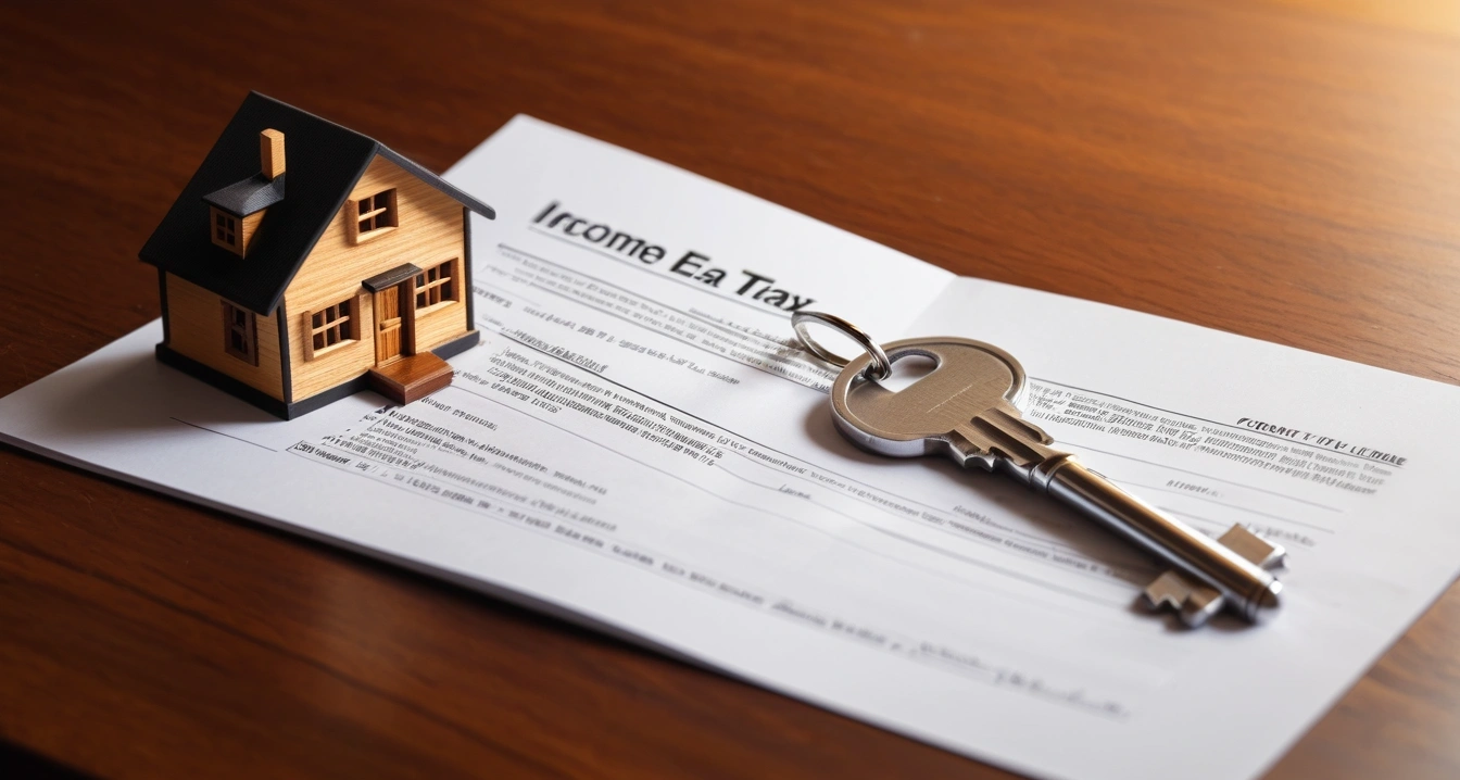종합소득세 - 3.3퍼센트 원천징수 영수증 확보 (concept of comprehensive income tax, a shiny house key resting on a detailed contract, elegant wooden table, no people)