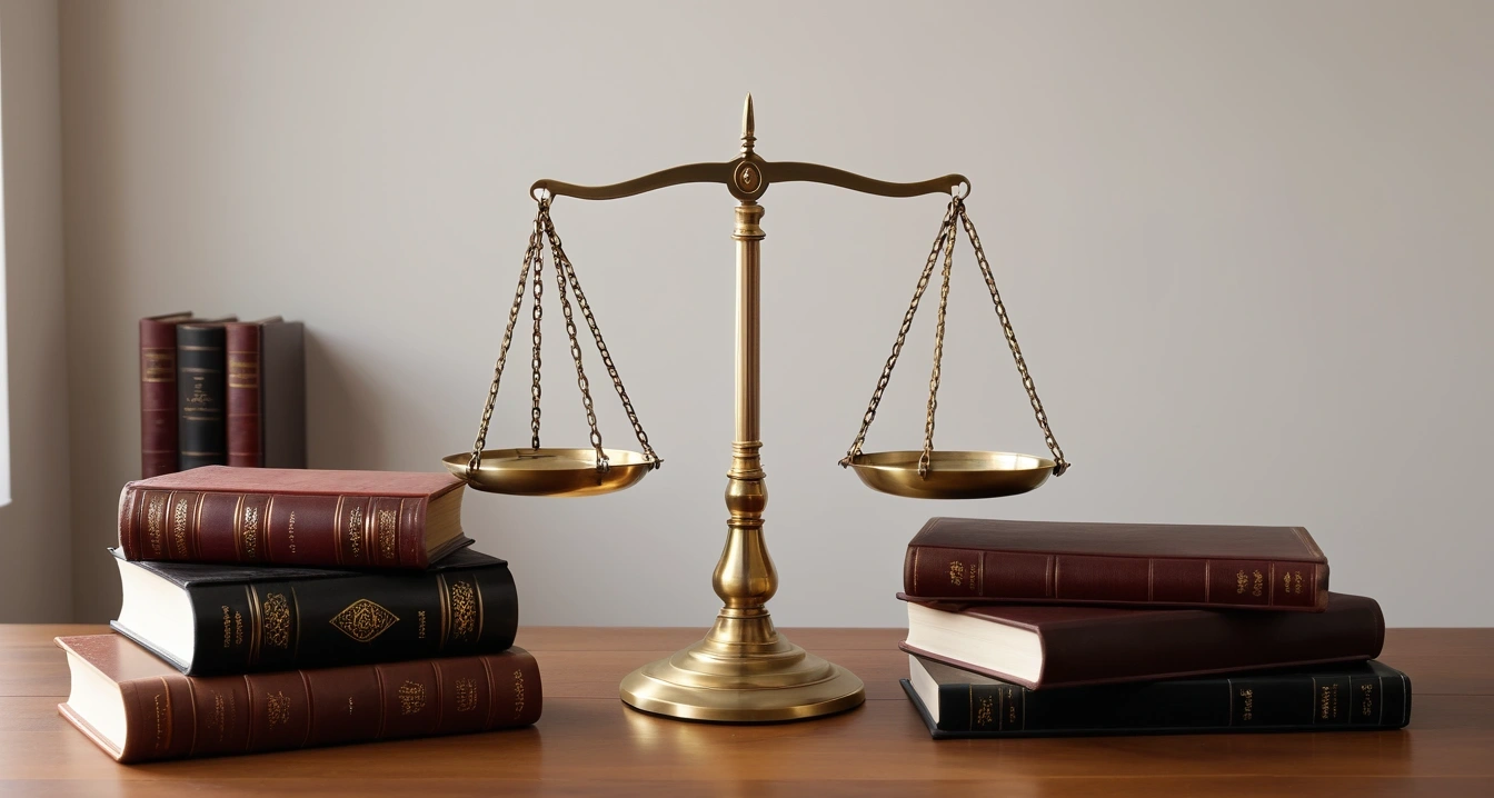 등기부등본 - 깡통전세 사전 관리를 위한 권리분석 기술 (concept of Copy of register, a classic brass balance scale of justice next to leather-bound books, no people)