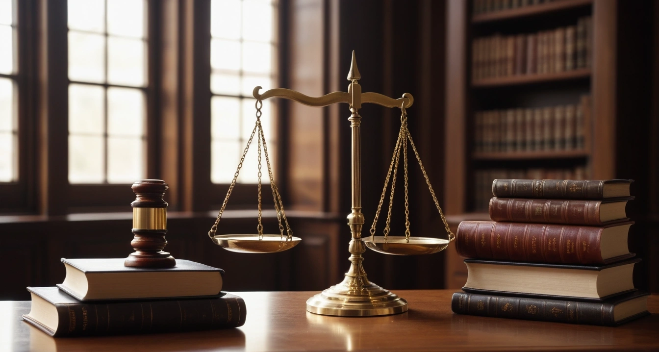 등기부등본 - 부동산 등기부등본 열람의 기술 (concept of Copy of register, a classic brass balance scale of justice next to leather-bound books, no people)