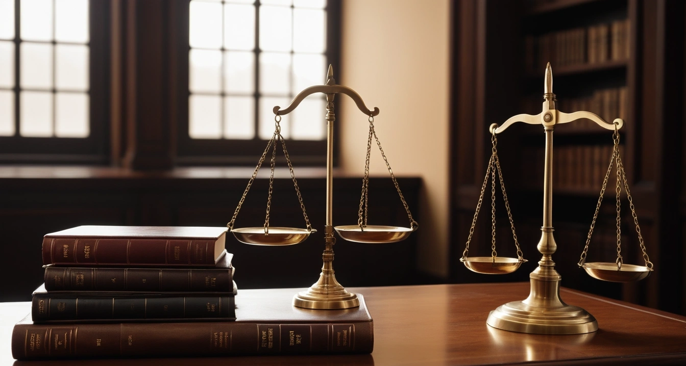 등기부등본 - 전세 사기 방어용 권리보험 시스템 (concept of Copy of register, a classic brass balance scale of justice next to leather-bound books, no people)