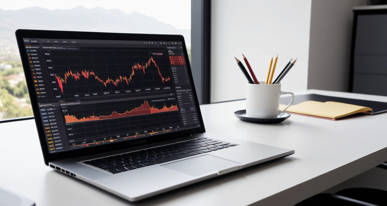 등기부등본 - 깡통전세 사전 관리를 위한 부동산 계약 특약 사항 (concept of Copy of register, a sleek modern office desk, a glowing laptop screen displaying financial charts, no people)