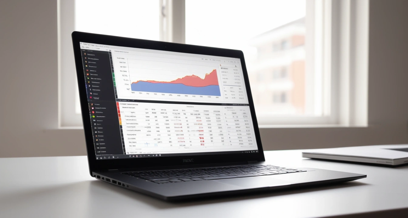 등기부등본 - 임차권등기명령과 보증금 보호 제도 (concept of Copy of register, a sleek modern office desk, a glowing laptop screen displaying financial charts, no people)