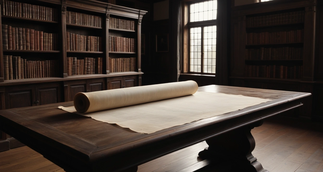 맞벌이 부부 - 아이돌봄 서비스와 연계한 육아 보조금 활용 로드맵 (concept of dual income couple, an ancient weathered parchment scroll with faded calligraphy, dark wooden library table, no people)