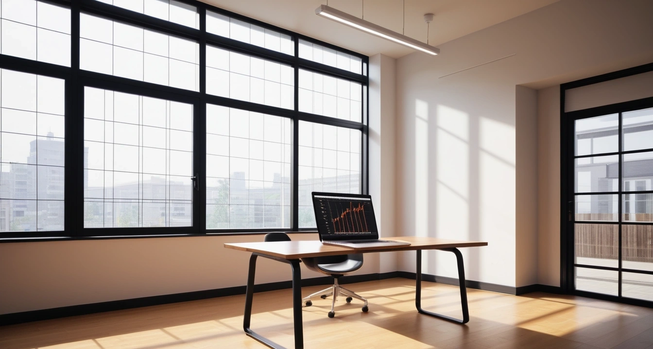 초등학교 입학 - 필수 학용품 가이드와 학교 가방 점검 (concept of elementary school entrance, a sleek modern office desk, a glowing laptop screen displaying financial charts, no people)