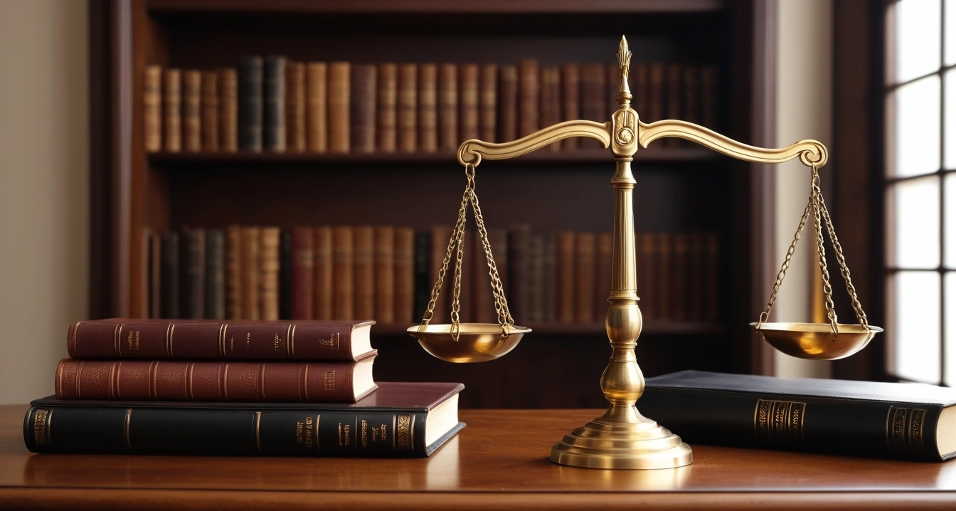 상속 포기 한정승인 - 채무 승계 방지를 위한 상속 포기 신청 (concept of Limited approval to give up inheritance, a classic brass balance scale of justice next to leather-bound books, no people)